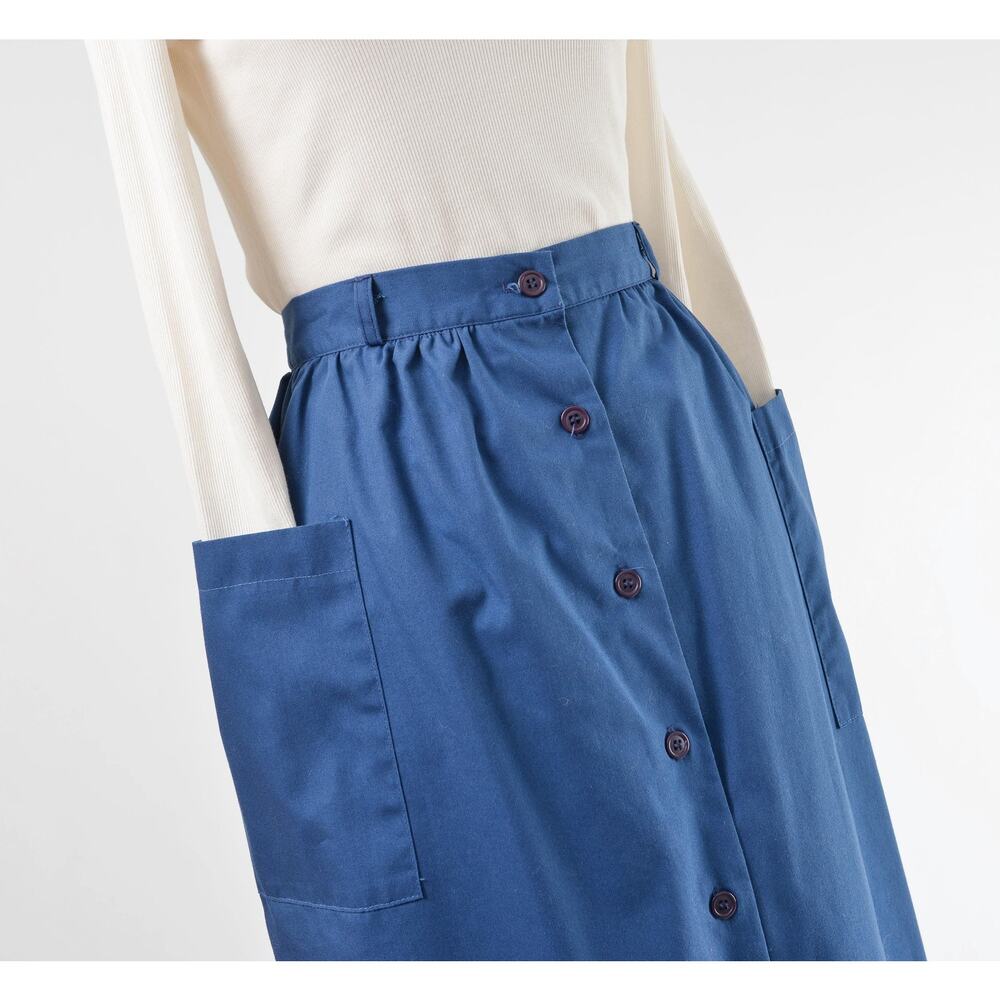 Vintage 70s Navy Blue Cotton Blend Button Front Midi Skirt with Pockets M - Picture 4 of 7